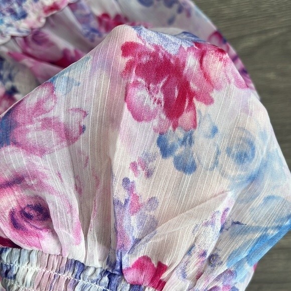 BB Dakota Off the Shoulder Top Large Smocked Blouson Sleeve Floral Boho Spring - Picture 8 of 11